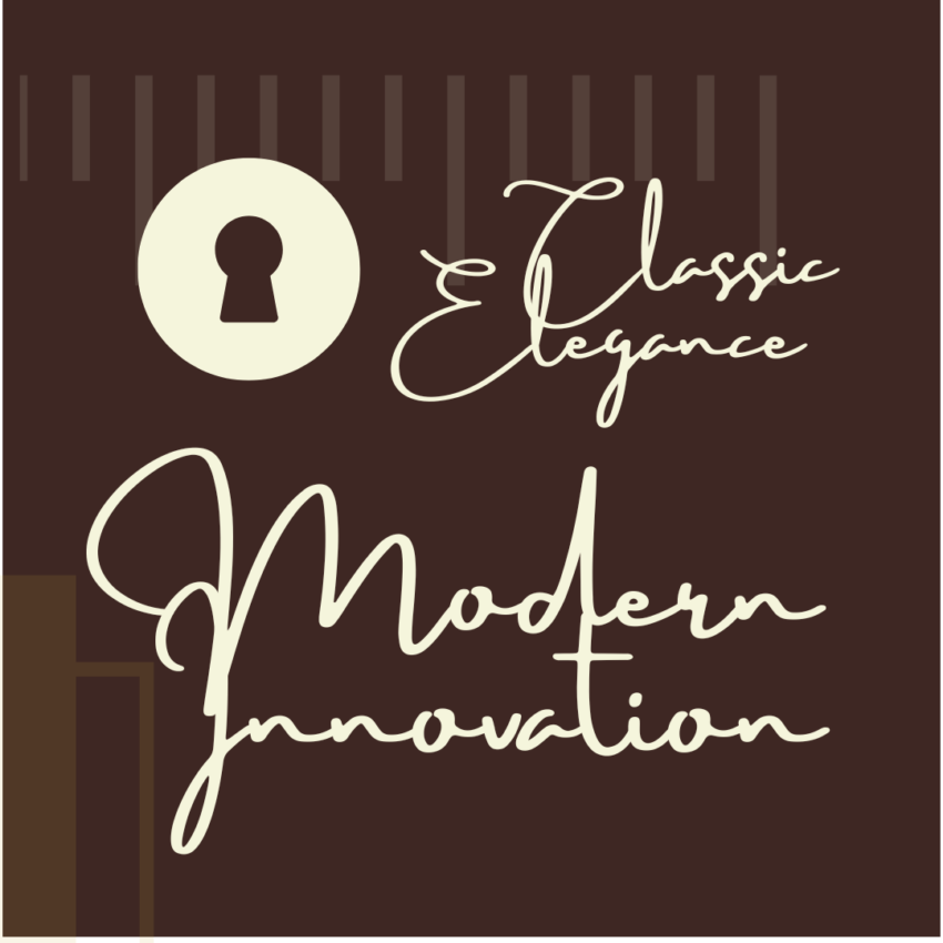 Graphic reading "Classic Elegance Modern Innovation" featuring an antique keyhole silhouette over a dark brown background by MR Designer Services.