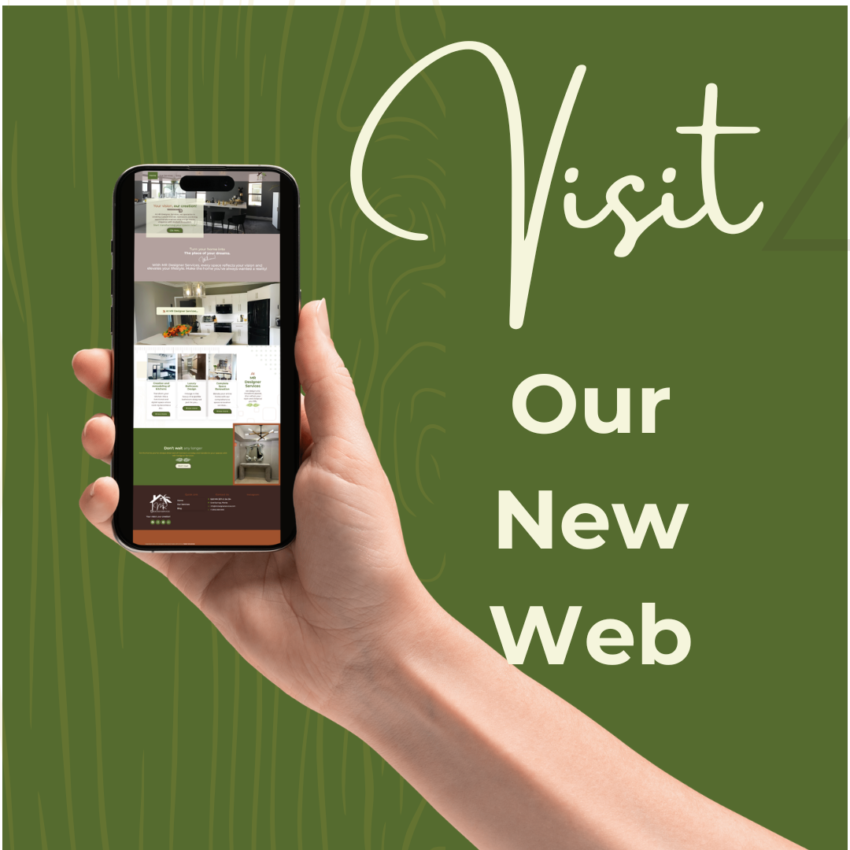 Graphic reading "Visit Our New Web" with a hand holding a smartphone displaying the MR Designer Services website, over an olive green wood grain background.